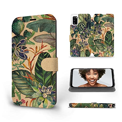 MOBIWEAR | Slim FLIP Case | Kompatibel mit Samsung Galaxy A41, Made in EU handyhülle, Premium Schutzhülle, Transparent TPU Silicon, Book Style Hülle, Tasche - Tropische Blätter mit Sukkulenten von MOBIWEAR