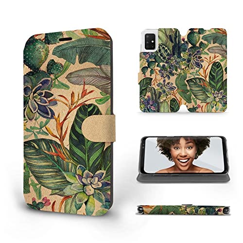MOBIWEAR | Slim FLIP Case | Kompatibel mit Samsung Galaxy A51, Made in EU handyhülle, Premium Schutzhülle, Transparent TPU Silicon, Book Style Hülle, Tasche - Tropische Blätter mit Sukkulenten von MOBIWEAR