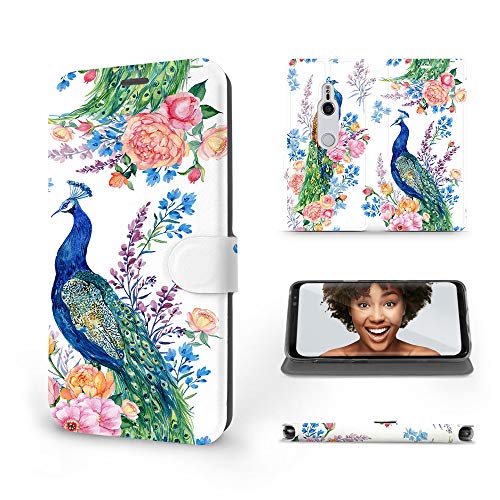 MOBIWEAR | Slim FLIP Case | Kompatibel mit Sony Xperia XZ3, Made in EU handyhülle, Premium Schutzhülle, Transparent TPU Silicon, Book Style Hülle, Tasche - Pfauen und Blumen von MOBIWEAR