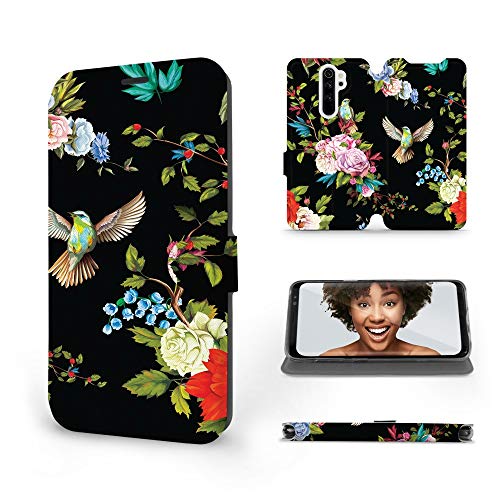 MOBIWEAR | Slim FLIP Case | Kompatibel mit Xiaomi Redmi Note 8 Pro, Made in EU handyhülle, Premium Schutzhülle, Transparent TPU Silicon, Book Style Hülle, Tasche - Blumen auf schwarzem Hintergrund von MOBIWEAR