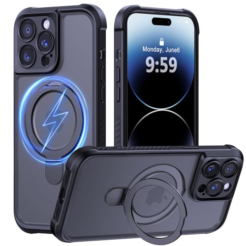 MOCCA Schutzhülle für iPhone 14 Pro, mit magnetischem, unsichtbarem Ständer, vollständiger Kameraschutz, kompatibel mit Magsafe, stoßfest, durchscheinend, matt, 15,5 cm (6,1 Zoll), Schwarz von MOCCA