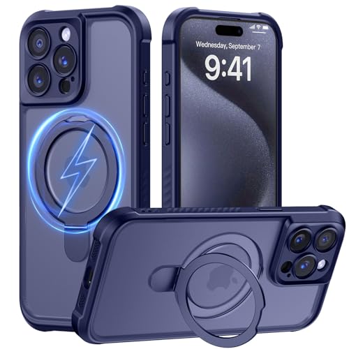 MOCCA Schutzhülle für iPhone 15 Pro, mit magnetischem, unsichtbarem Ständer, vollständiger Kameraschutz, kompatibel mit Magsafe, stoßfest, durchscheinend, matt, 15,5 cm, Dunkelblau MOCCA Schutzhülle für iPhone 15 Pro, mit magnetischem, unsichtbarem Ständer, vollständiger Kameraschutz, kompatibel mit Magsafe, stoßfest, durchscheinend, matt, 15,5 cm, Dunkelblau von MOCCA