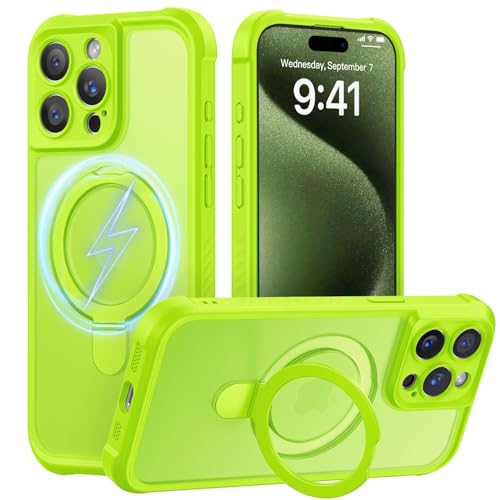 MOCCA Schutzhülle für iPhone 15 Pro, mit magnetischem, unsichtbarem Ständer, vollständiger Kameraschutz, kompatibel mit Magsafe, stoßfest, durchscheinend, matt, 15,5 cm (6,1 Zoll), fluoreszierendes von MOCCA
