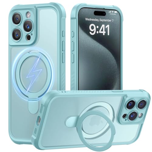 MOCCA Schutzhülle für iPhone 15 Pro, mit magnetischem, unsichtbarem Ständer, vollständiger Kameraschutz, kompatibel mit Magsafe, stoßfest, durchscheinend, matt, 15,5 cm (6,1 Zoll), Blau von MOCCA