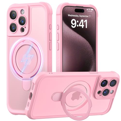 MOCCA Schutzhülle für iPhone 15 Pro, mit magnetischem, unsichtbarem Ständer, vollständiger Kameraschutz, kompatibel mit Magsafe, stoßfest, durchscheinend, matt, 15,5 cm (6,1 Zoll), Rosa von MOCCA