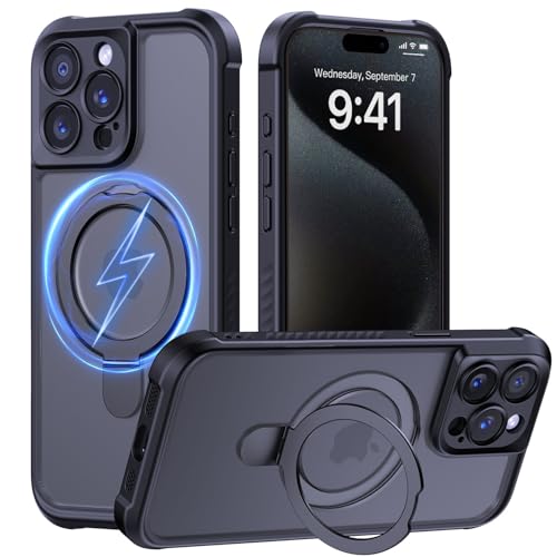 MOCCA Schutzhülle für iPhone 15 Pro, mit magnetischem, unsichtbarem Ständer, vollständiger Kameraschutz, kompatibel mit Magsafe, stoßfest, durchscheinend, matt, 15,5 cm (6,1 Zoll), Schwarz von MOCCA