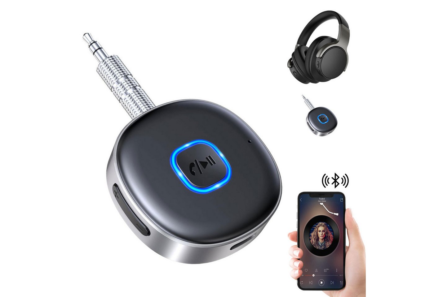 MODFU Auto mit AUX Freisprecheinrichtung 5.3 Empfänger für Musikstreaming Bluetooth-Adapter 3,5-mm-Klinke zu 3,5-mm-Klinke, Freisprechen Dual Verbindung für Heim-Stereo Kabelgebundene Kopfhörer von MODFU