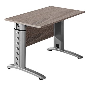 MÖBELPARTNER Amatis höhenverstellbarer Schreibtisch trüffeleiche rechteckig, C-Fuß-Gestell silber 90,0 x 65,0 cm von MÖBELPARTNER