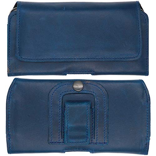 MOELECTRONIX ECHT Leder Gürtel Tasche passend für Apple iPhone 14 Plus | Seiten Quer Schutz Hülle Ledertasche Gürteltasche mit Clip und Schlaufe | 1A Blau von MOELECTRONIX