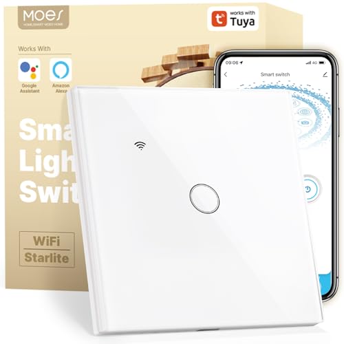 MOES Smart Alexa Wlan Lichtschalter ohne Neutralleiter, Wifi Touch Schalter Unterputz mit Speicher nach dem Ausschalten, Smart Life/Tuya app, Kompatibel mit Alexa und Google Home,1 Fach 1 Wege von MOES