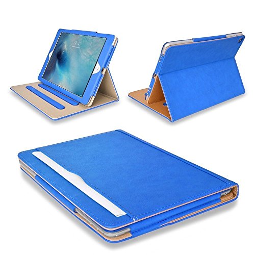 MOFRED® Professionelle Lederhülle für Apple iPad 9.7 (erhältlich seit 2017) mit mehreren Funktionen, Standby-Hülle mit eingebautem Magnet für Ruhemodus- und Reaktivierungsfunktion. Laut „The Daily Telegraph“ die beste Hülle für iPad blau/hellbraun iPad Air 2 von MOFRED