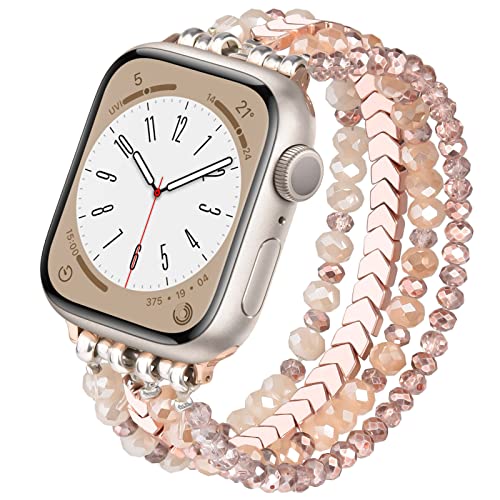 MOFREE Perlenarmband kompatibel mit Apple Watch Band 42 mm/44 mm/45 mm, Serie 9/8/7/SE/6/5/4/3/2/1, handgefertigtes elastisches Armband für iWatch Band, buntes Ersatzarmband, roségold, von MOFREE