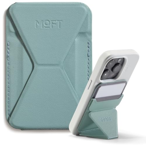 MOFT Magnetischer Wallet Ständer Kartenhalter für iPhone 15/14/13/12 Serie Kompatibel mit MagSafe, MOVAS Magnetischer Handy-Ständer aus Vegan-Leder mit 3 Betrachtungswinkeln, 2 Karten, See Grün von MOFT