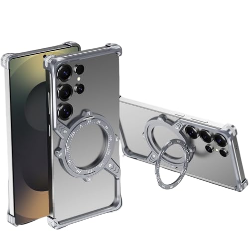 MOHDAHL S-förmige Schutzhülle für Samsung Galaxy S22 Ultra, Aluminium-Metall, rahmenlos, mit 360° drehbarem Ständer, schützende stoßfeste Schale, kompatibel mit MagSafe (Grau) von MOHDAHL