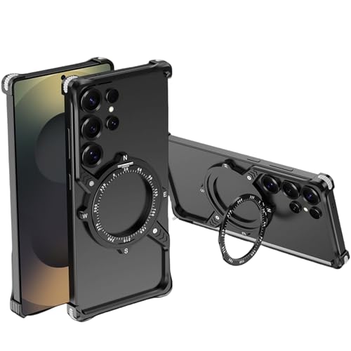 MOHDAHL S-förmige Schutzhülle für Samsung Galaxy S23 Ultra, Aluminium-Metall, rahmenlos, mit 360° drehbarem Ständer, schützende stoßfeste Schale, kompatibel mit MagSafe (Schwarz) von MOHDAHL