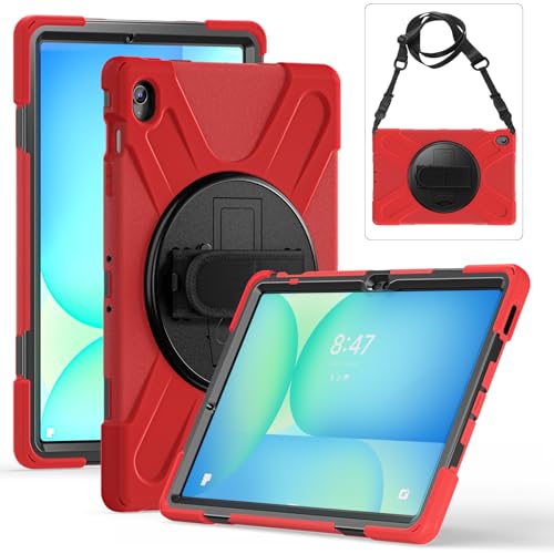 Schutzhülle für Samsung Galaxy Tab S10 FE Plus 13,1 Zoll 2025 (SM-X620/X626), verbesserte militärische stoßfeste Schutzhülle mit Handschlaufe, Schultergurt und drehbarem Ständer, Rot von MOHDAHL