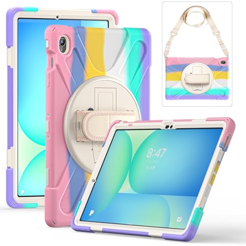 Schutzhülle für Samsung Galaxy Tab S10 FE Plus 13,1 Zoll 2025 (SM-X620/X626), verbesserte militärische stoßfeste Schutzhülle mit Handschlaufe, Schultergurt und drehbarem Ständer, buntes Rosa von MOHDAHL