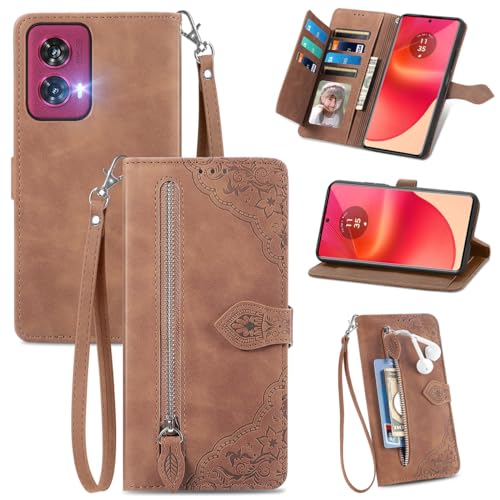 MOJIA Geldbörse Hülle für Motorola Edge 50 Fusion, Sanft PU Klapphülle Handyhülle, Stoßfest Schutzhülle mit Handschlaufe Kartenfach und Standfunktion. Braun von MOJIA