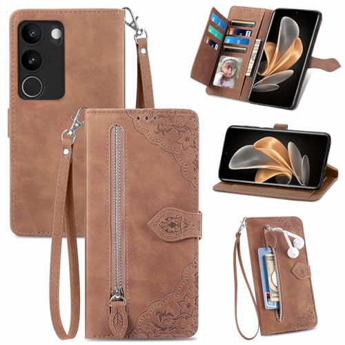 MOJIA Geldbörse Hülle für Vivo V29 5G, Sanft PU Klapphülle Handyhülle, Stoßfest Schutzhülle mit Handschlaufe Kartenfach und Standfunktion. Braun von MOJIA