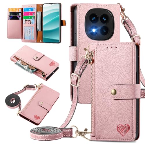 MOJIA Geldbörse Hülle für Xiaomi Redmi Note 14 Pro+ (Plus) 5G, Sanft Premium-Leder Klapphülle Handyhülle, Anti-Fall Schutzhülle mit Schulterriemen. Rosa von MOJIA