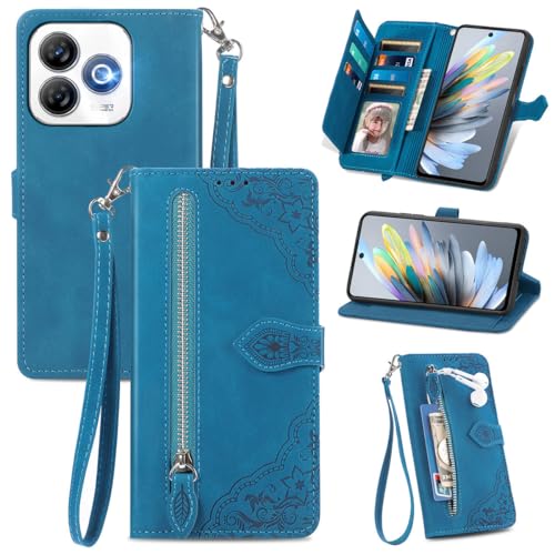 MOJIA Geldbörse Hülle für ZTE Blade A75 4G, Sanft PU Klapphülle Handyhülle, Stoßfest Schutzhülle mit Handschlaufe Kartenfach und Standfunktion. Blau von MOJIA