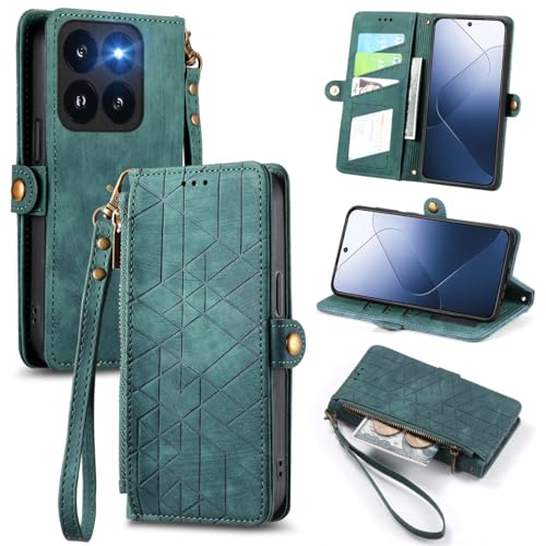 MOJIA Handyhülle für Xiaomi 14T Hülle [Anti-Fall Anti-Kratzer] - Mode Klapphülle mit Kartenfächern und Ständer Hochwertiges Leder Wallet Flip Case. Grün von MOJIA