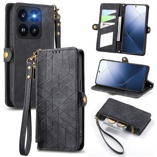 MOJIA Handyhülle für Xiaomi 14T Hülle [Anti-Fall Anti-Kratzer] - Mode Klapphülle mit Kartenfächern und Ständer Hochwertiges Leder Wallet Flip Case. Schwarz von MOJIA