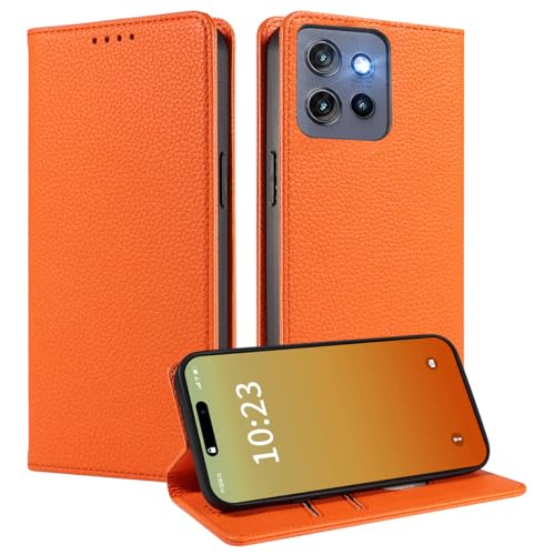 MOJIA Hülle für Motorola Edge 50 Neo, [Starker Magnetverschluss] Premium PU Leder Wallet Case Flip Handyhülle, Kartenhalter Multifunktionshülle. Orange von MOJIA