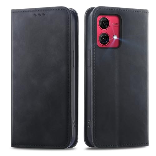 MOJIA Hülle für Motorola Moto G84 5G, PU Folio Leder Brieftaschen Schutzhülle [Magnetverschluss], Handyhülle mit TPU Innenschale, Kartenhalter Ständerhülle. Schwarz von MOJIA