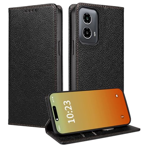 MOJIA Hülle für Motorola Moto G85, [Starker Magnetverschluss] Premium PU Leder Wallet Case Flip Handyhülle, Kartenhalter Multifunktionshülle. Schwarz von MOJIA