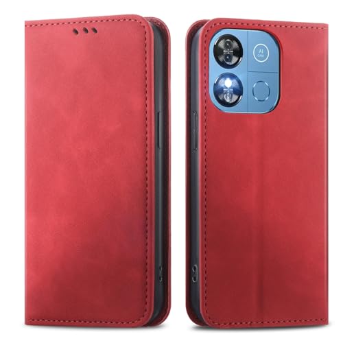 MOJIA Hülle für Oukitel C57S / C57 Pro, PU Folio Leder Brieftaschen Schutzhülle [Magnetverschluss], Handyhülle mit TPU Innenschale, Kartenhalter Ständerhülle. Rot von MOJIA