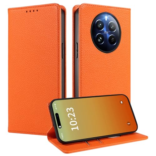 MOJIA Hülle für Realme 12 Pro/Realme 12 Pro+(Plus), [Starker Magnetverschluss] Premium PU Leder Wallet Case Flip Handyhülle, Kartenhalter Multifunktionshülle. Orange von MOJIA