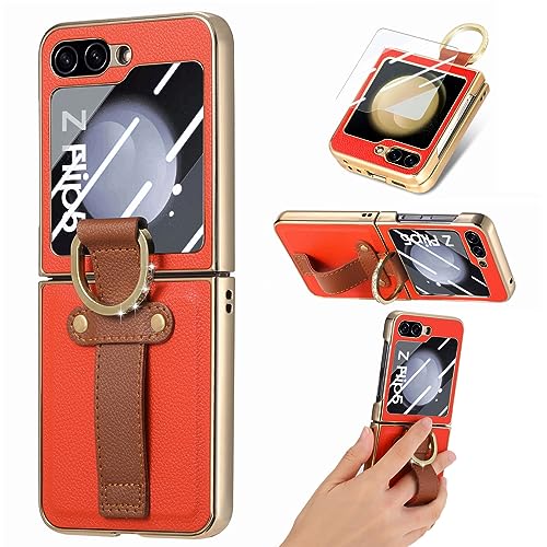 MOJIA Hülle für Samsung Galaxy Z Flip5 (Z Flip 5), Ultra Dünne Vergoldete Kante, Anti-Fall und Kratzfest Schutzhülle, mit gehärtetem Glas Schutzfolie und Diamant Ring. Orange von MOJIA