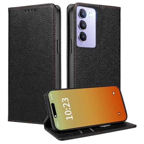 MOJIA Hülle für Vivo V40 SE 5G, [Starker Magnetverschluss] Premium PU Leder Wallet Case Flip Handyhülle, Kartenhalter Multifunktionshülle. Schwarz von MOJIA