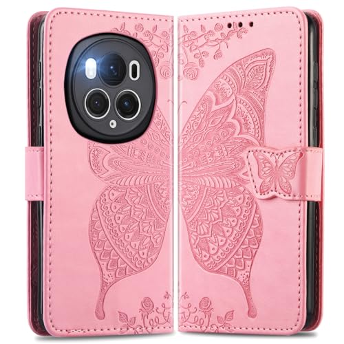 MOJIA Lederhülle für Honor Magic 6 Pro / Magic6 Pro, Hochwertige Leder Flip Wallet Handyhülle mit TPU Innenhülle und Kartenhalter [Geschenk Handgelenkriemen]. Rosa von MOJIA