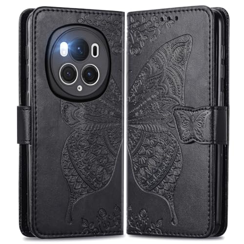 MOJIA Lederhülle für Honor Magic 6 Pro / Magic6 Pro, Hochwertige Leder Flip Wallet Handyhülle mit TPU Innenhülle und Kartenhalter [Geschenk Handgelenkriemen]. Schwarz von MOJIA