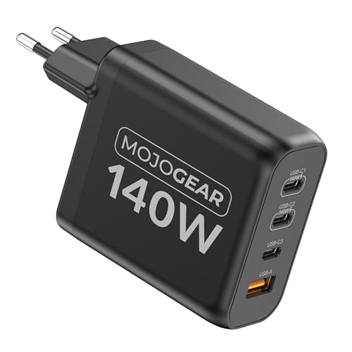 MOJOGEAR Charge+ 140W Ladegerät mit 4 Anschlüssen USB/USB-C – Laden Sie 4 Geräte gleichzeitig – Auch für Laptops – USB Power Delivery – Schwarz von MOJOGEAR