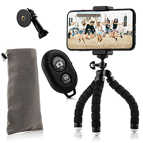 MOJOGEAR Flexibles Mini-Stativ-KIT: mit Telefonhalter, Bluetooth-Fernbedienung, Action-Cam-Adapter und Aufbewahrungstasche – bis zu 18 cm Höhe – Schwarz von MOJOGEAR