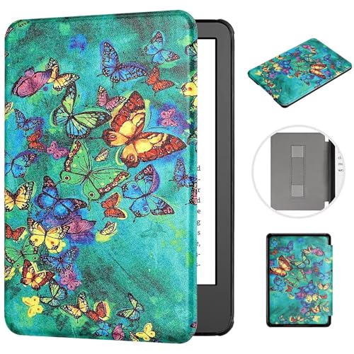 MOKASE for Neu 6" Kindle 11. Generation Hülle 2022 Kindle 6 Zoll Fall (Model: C2V2L3), Kunstleder Magnetische Hartschale mit Handschlaufe Automatic Schlaf/Aufwach für 6" Kindle 2022, Green Butterflies von MOKASE