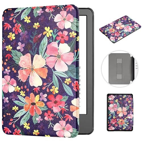 MOKASE Hülle für 6,8 Zoll Kindle Paperwhite 11. Gen. 2021 (Modell: M2L3EK/M2L4EK), Kunstleder mit Auto Schlaf/Aufwach Handschlaufe für Signature Edition & Kindle Paperwhite 2021, Purple Flowers von MOKASE