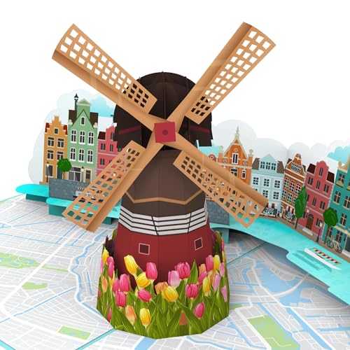 MOKIO® Pop-Up Amsterdam Reisegutschein – Windmühle, Tulpen und Grachten – 3D Geburtstagskarte für einen Holland Urlaub oder als Gutschein für eine Städtereise zum Geburtstag von MOKIO