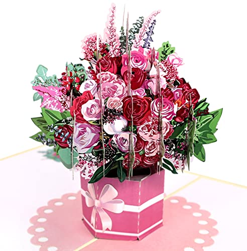 MOKIO® Pop-Up Blumenkarte – Blumenstrauß mit Rosen – 3D Geschenkkarte zum Geburtstag, als Gutschein oder für ein Geldgeschenk, Blumen Klappkarte mit Umschlag von MOKIO