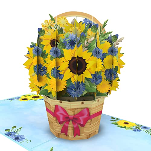 MOKIO® Pop-Up Blumenkarte – Korb mit Sonnenblumen – 3D Geschenkkarte zum Geburtstag, zur Pensionierung, als Gutschein oder zur Genesung, Blumen Grußkarte mit Umschlag von MOKIO