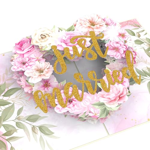 MOKIO® Pop-Up Hochzeitskarte – Just married – 3D Geschenkkarte zur Hochzeit, edle Glückwunschkarte zur Trauung, Geldgeschenk für Flitterwochen oder Hochzeitsreise von MOKIO