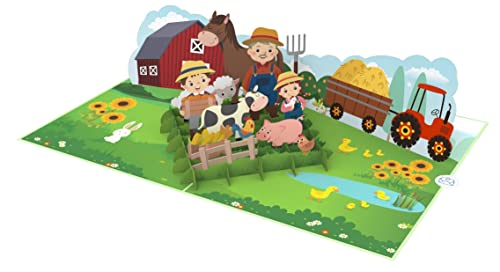 MOKIO® Pop-Up Karte – Bauernhof mit Bauer, Kindern, Tieren und Traktor – süße 3D Geschenkkarte zum Geburtstag oder als Gutschein, Glückwunschkarte für Mädchen und Jungen von MOKIO