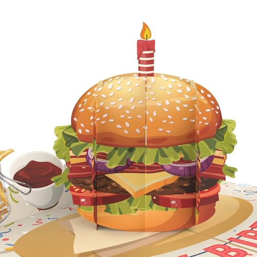 MOKIO® Pop-Up Karte – Burger mit Kerze – lustige 3D Glückwunschkarte zum Geburtstag oder als Geldgeschenk, Geburtstagskarte mit Hamburger von MOKIO