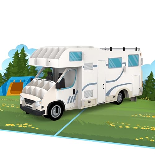 MOKIO® Pop-Up Karte – Camping mit Wohnmobil – 3D Geburtstagskarte oder Reisegutschein für Urlaub mit Wohnmobil oder Camper, Gutscheinkarte zum Geburtstag von MOKIO