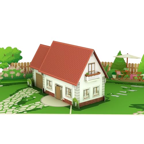 MOKIO® Pop-Up Karte – Haus mit Garten – 3D Glückwunschkarte zum Hauskauf, Richtfest oder zum Einzug, Gutschein zum Hausbau oder als Verpackung für ein Geldgeschenk von MOKIO