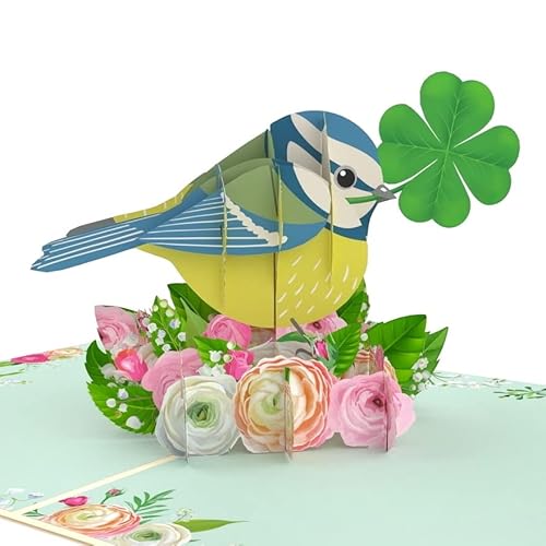 MOKIO® Pop-Up Karte – Vogel mit Kleeblatt und Blumen – 3D Geschenkkarte zum Geburtstag, zur Prüfung oder Genesung, Viel Glück Grußkarte mit Glücksklee von MOKIO
