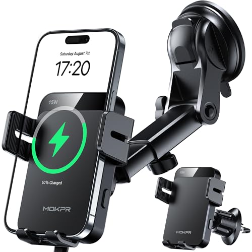 MOKPR Handyhalterung Auto mit Ladefunktion, 15W Handyhalterung Auto Induktives Laden für Entlüftungsclips/Instrumententafel/Windschutzscheibe für iPhone 16/15/14/13, Galaxy S24 usw (Schwarz) von MOKPR